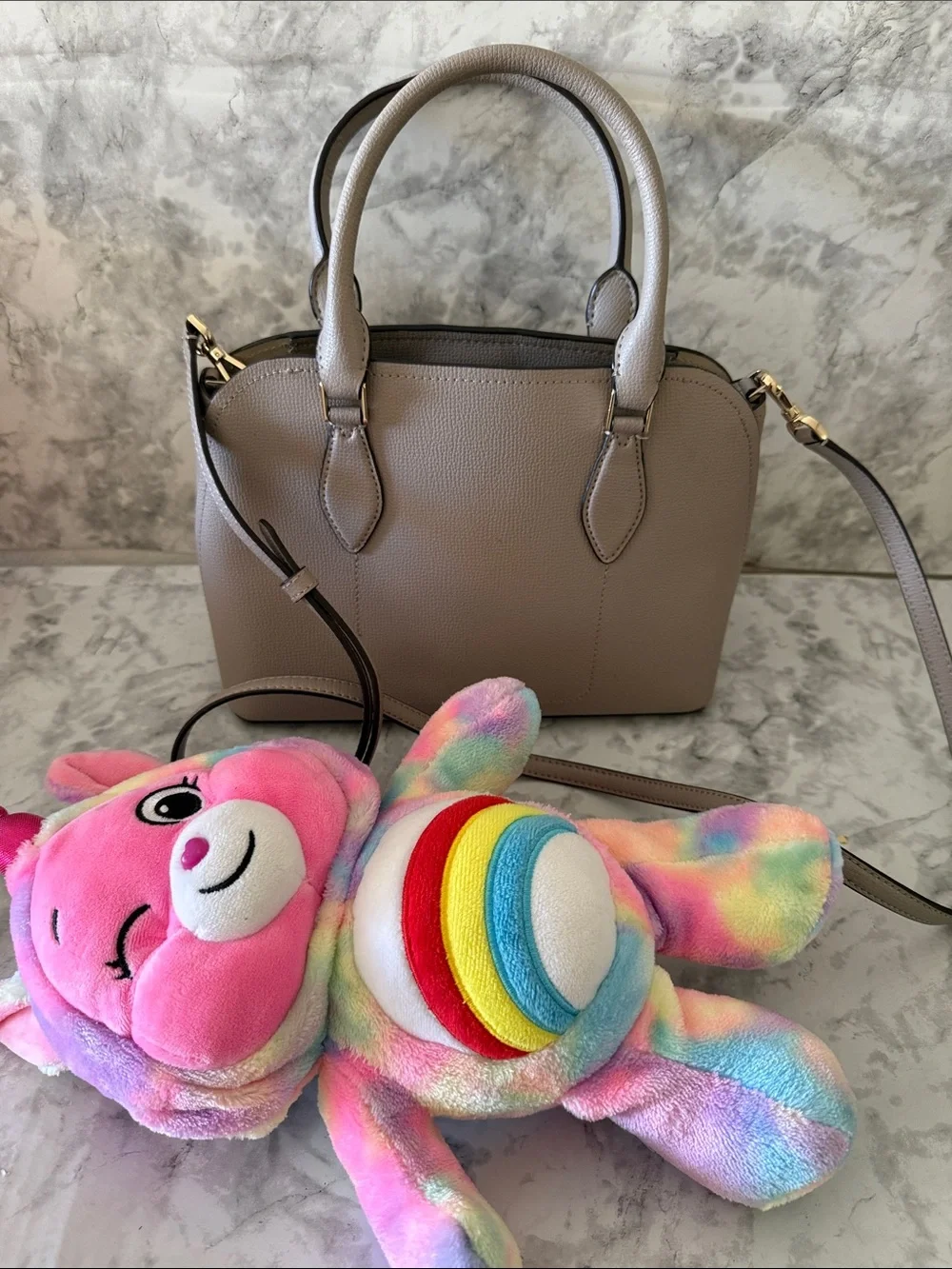 kate spade Taupe Leather Dome Satchel with Gold Hardware and care bear 🐻